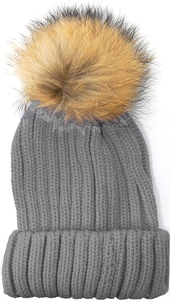 Amazon Co Jp Bigファー 着脱可能ボンボン付き ニット帽子 ざっくりニット帽 リブ編み グレー ファッション