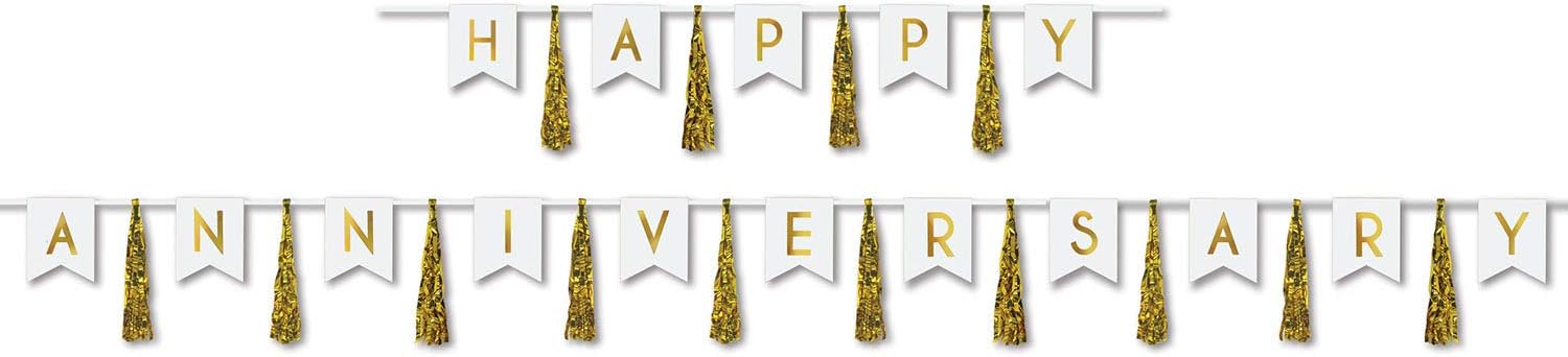 Beistle 53500-GD Happy Anniversary Tassel Streamer, 13" x 6' & 13" x 14' White and Gold
