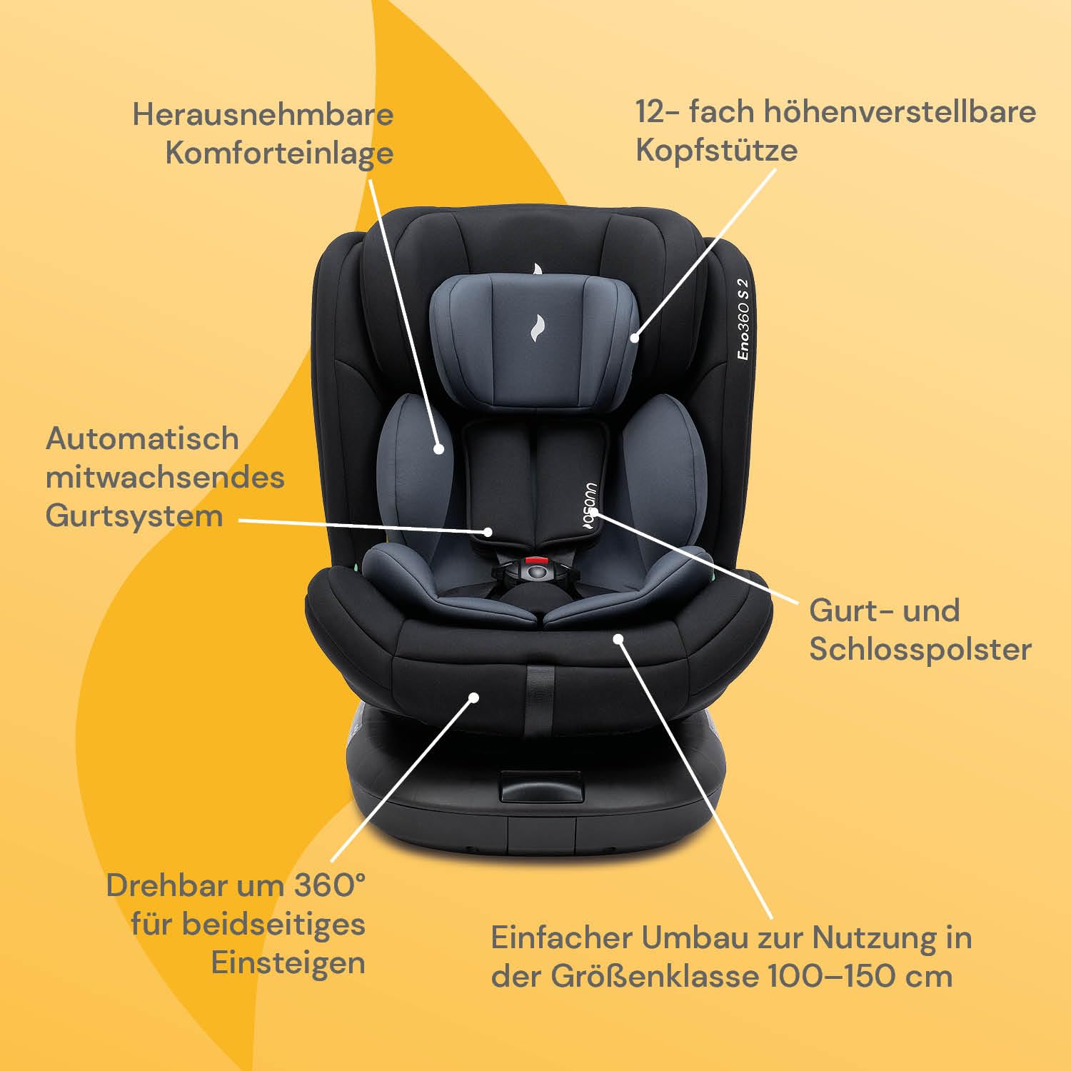 Osann Eno360 S 2 360 Grad drehbarer Kindersitz i-Size Reboarder mit Isofix 40-150 cm Nero
