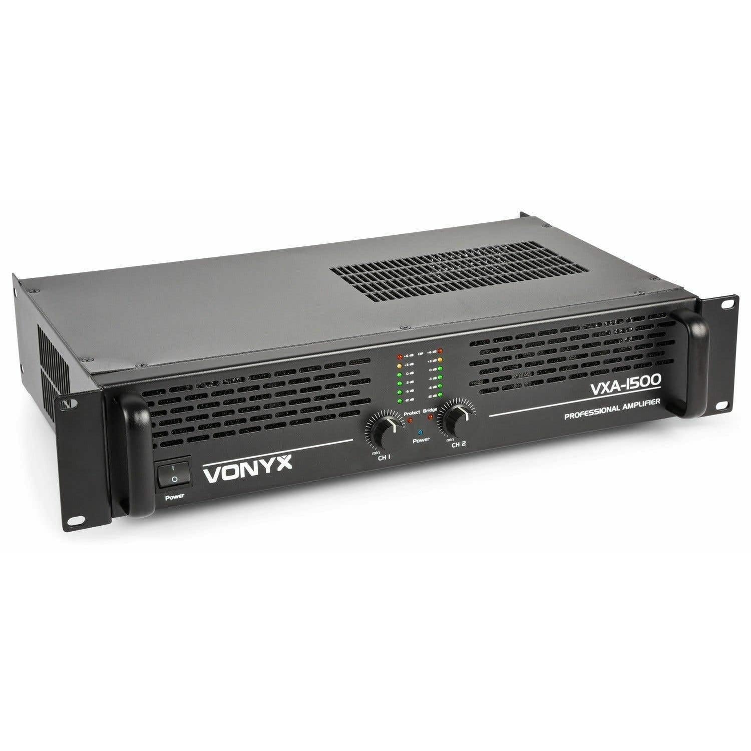 Vonyx VXA- 1500 - Amplificador profesional, 2x 750 vatios, conexión puente, amplificador estéreo ideal para DJ, disco móviles, bares clubs y eventos. Montaje en Rack de 19"