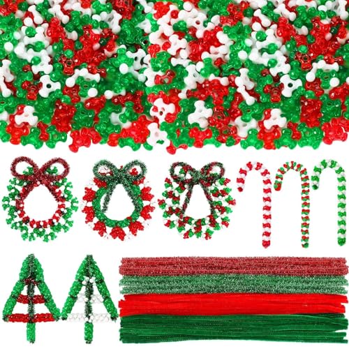 UPINS Christmas Tri Beads, 2000 Pcs Bead Wreath Ornament Kit With 50 Pcs Pipe Cleaners for Party Decoration - Red, Green, White