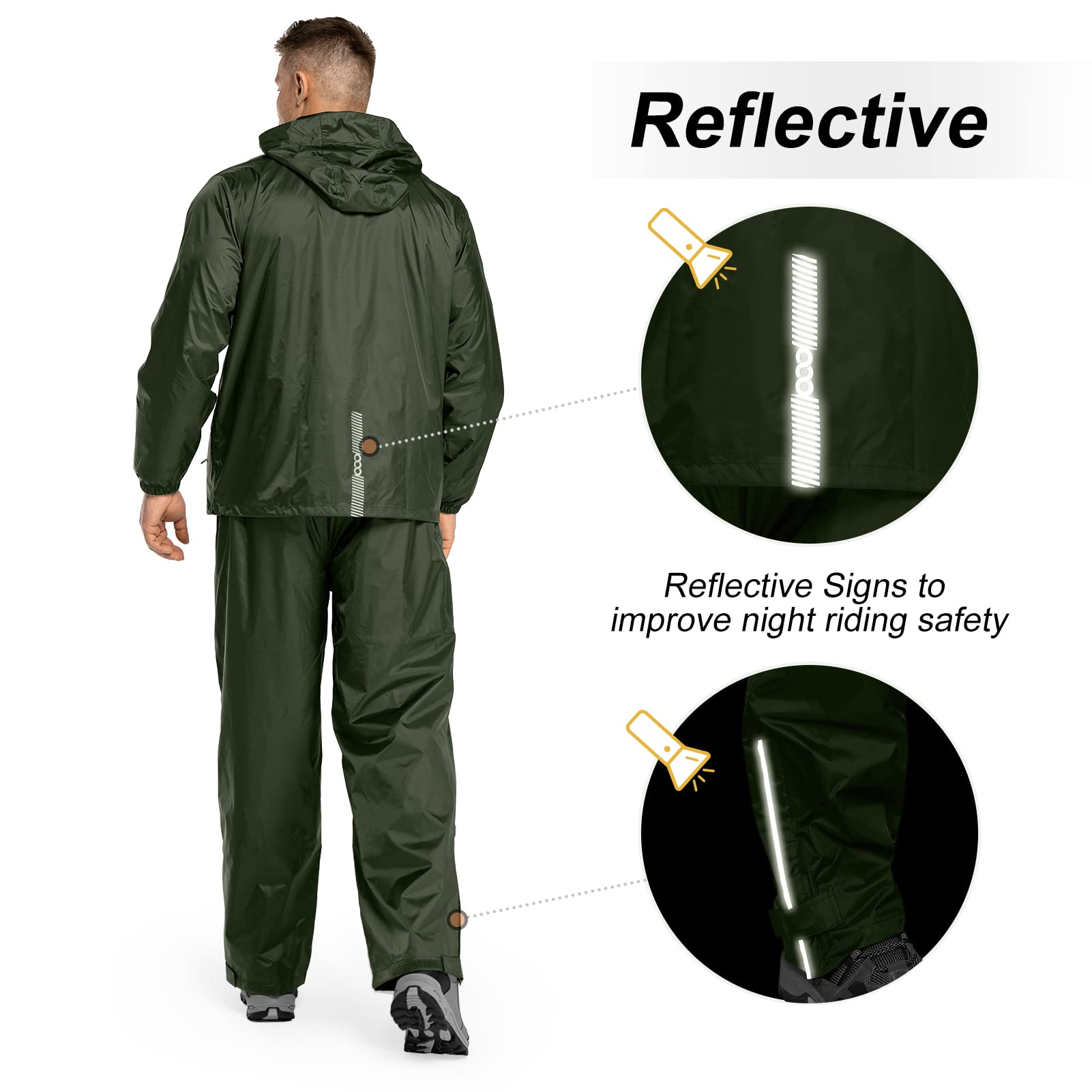 33,000ft Combinaison de pluie imperméable pour homme avec capuche dissimulée (veste et pantalon), Amy Green., Small