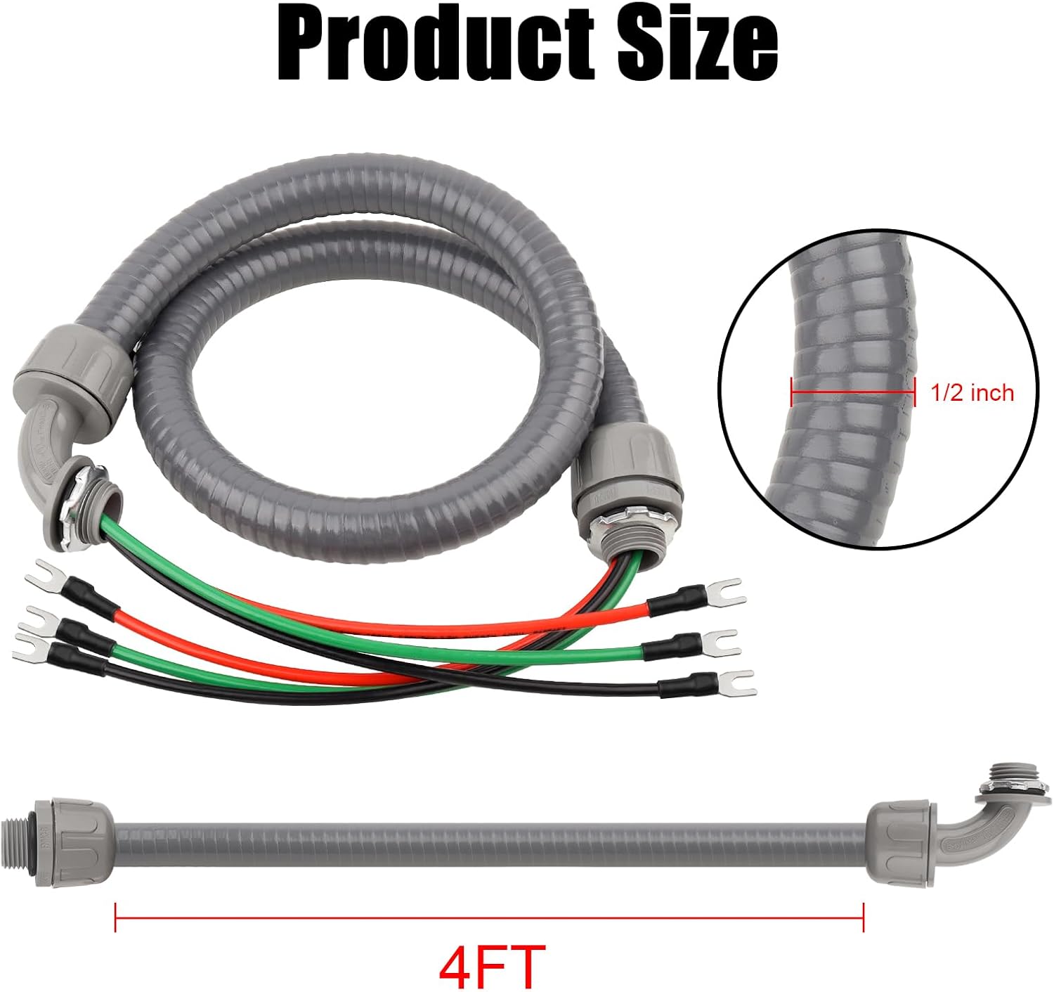 1/2 Inch AC Whip Assembly Kit 4 FT with Terminal, Non-Metallic Liquid Tight Electrical Conduit with 10/3 Gauge THHN Wire for Heater, Air Conditioner, Timer, Mini Split System