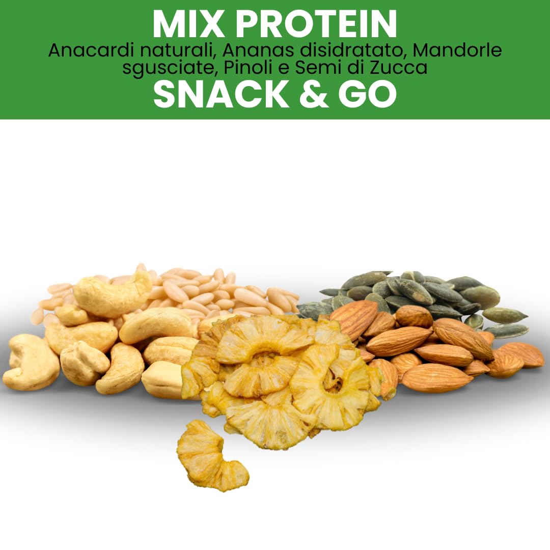 Alfano dal 1940 Mix Protein Snack & Go 20 Pacchetti Monoporzione da 25g Frutta Secca Anacardi Naturali, Ananas Disidratato, Mandorle Sgusciate, Pinoli e Semi di Zucca