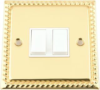 Light Switch 2 Gang - Polished Brass Georgian - White Insert Plastic Switch - 10 Amp Double 2 Gang 2 Way