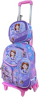 جيني شنطة مدرسية للاطفال بعجلات وشنطة غداء، ارجواني وازرق، تصميم اميرة، مجموعة من 3 قطع، 6 عجلات