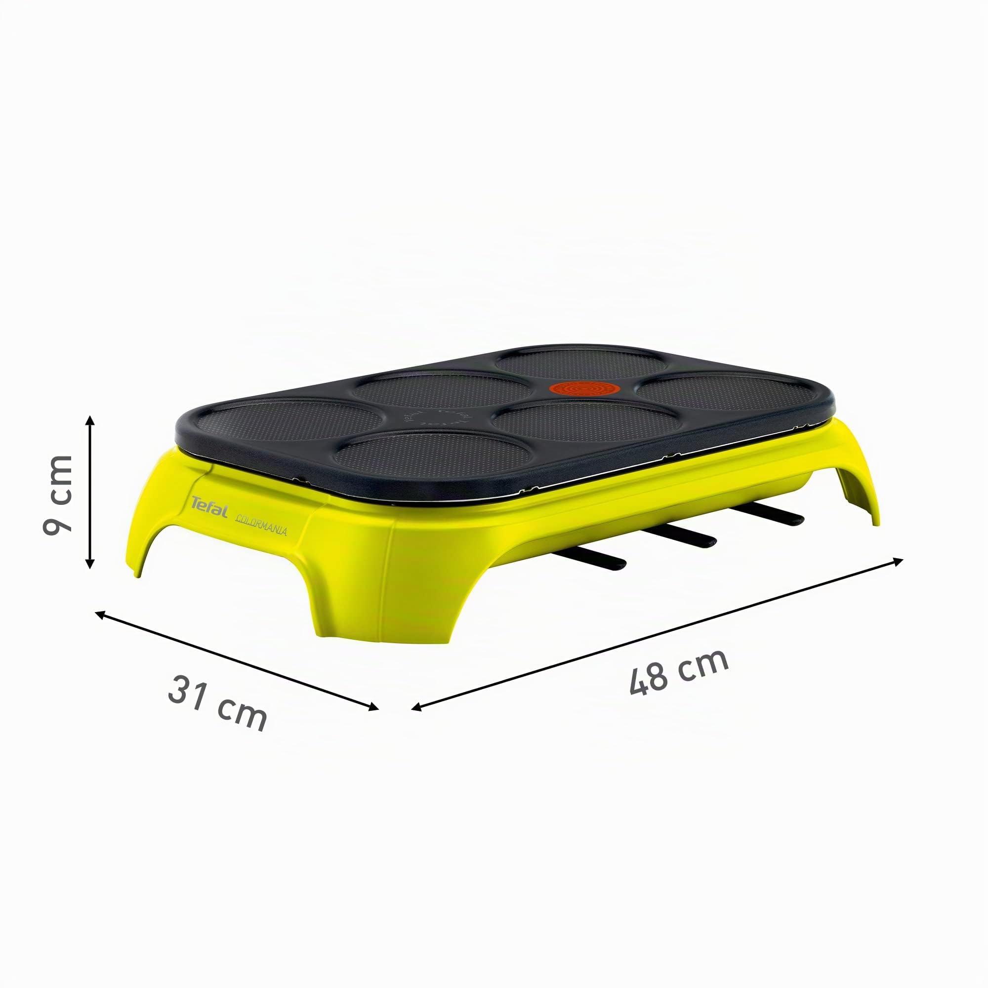 Tefal PY5593 Crep'Party Colormania Crêpemaker | Platte mit 6 Crêpe-Mulden | Thermo-Spot-Temperaturindikator | inkl. 6 Spatel und eine Kelle | Gelb/Schwarz