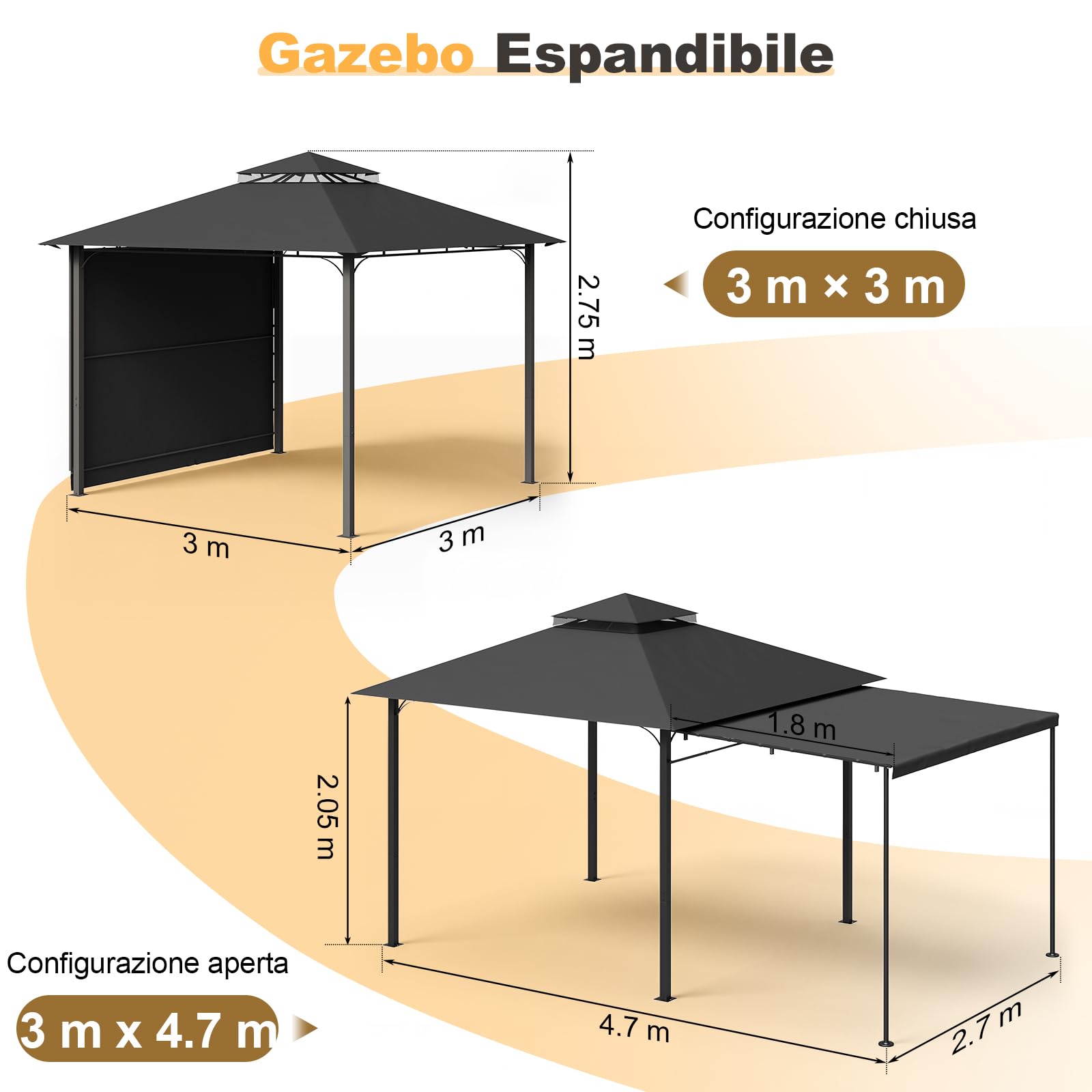 Devoko Gazebo Esterno 3x3m Impermeabile Protezione UV 50+ Pavillon Fisso Giardino 3x4.7m Grigio