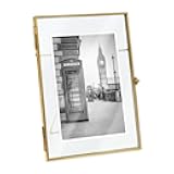 5x7, Antique Gold, Vintage Style Brass and Glass, Metal, Floating Desk Photo Frame (Vertical), with Locket Bead Clasp Closure for Pictures Art, More (5x7, Antique Gold)