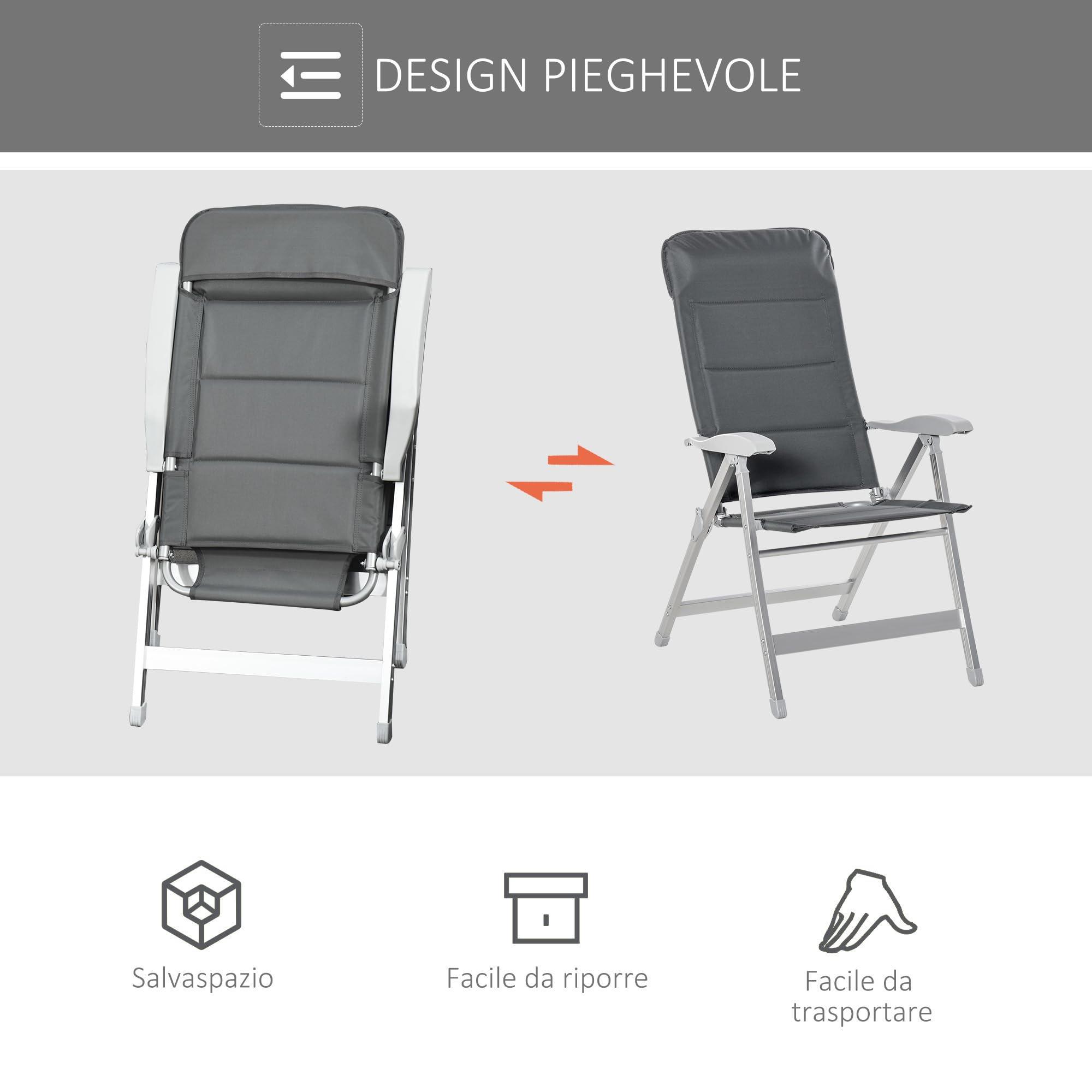 Outsunny Sedia da Pesca Pieghevole con Schienale Alto Regolabile e Braccioli, Sedia da Esterno in Tessuto Oxford e Alluminio Idrorepellente, 75x61.5x76-115 cm, Grigio
