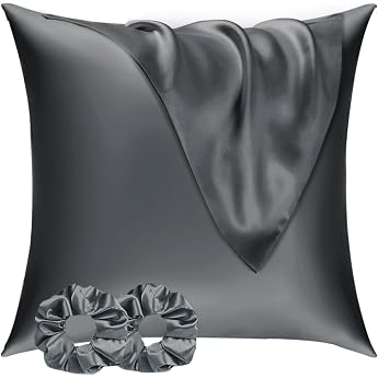 Satin Pillowcase 80 x 80 cm Set of 2 & 2 Scrunchies Dark Gray Soft as Silk Easy-Care for Hair and Skin