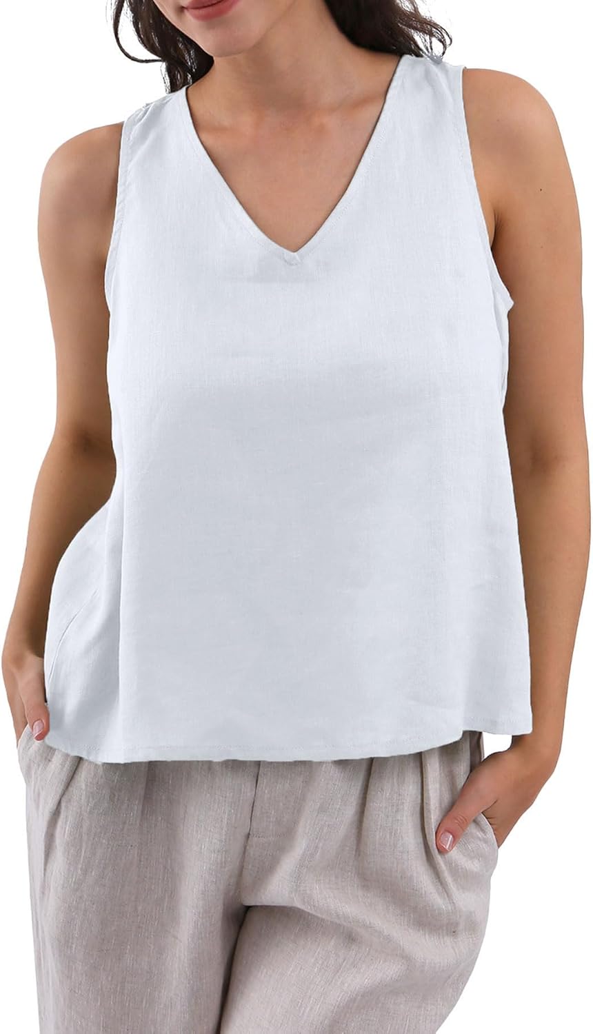Amazhiyu Women's 100% Linen Tank Tops Summer V Neck Sleeveless Tie Back Blouses White, Small - Image 2