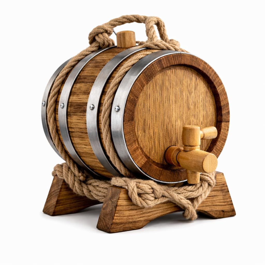 Barril de Roble para Envejecer Vino con Soporte y Grifo – Barrica de Madera Artesanal para Vino, Whisky, Ron o Brandy – Barril Decorativo para Bar o Cocina
