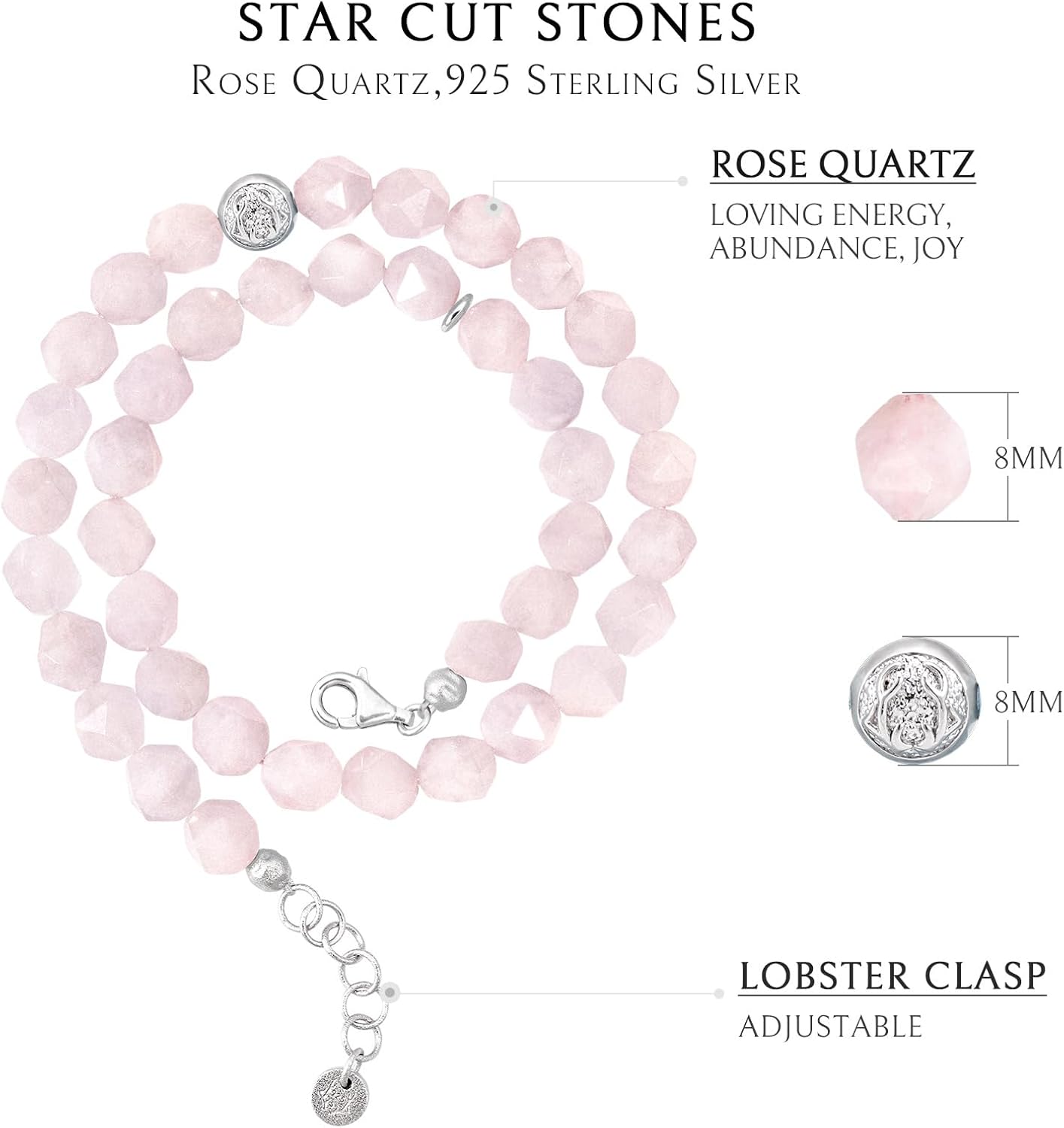 AWNL Women's Aquamarine Rose Quartz Stackable Beaded Bracelet with Sterling Silver Centre Charm and Lobster Clasp (8mm Gemstone), 5.1''-6.3''