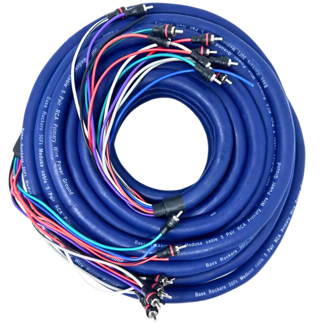 Bass Rockers Cavo BRmedusa50 resistente da 15 metri con 5 paia di cavi RCA, cavo di alimentazione a serpentina di messa a terra per estensione radio box