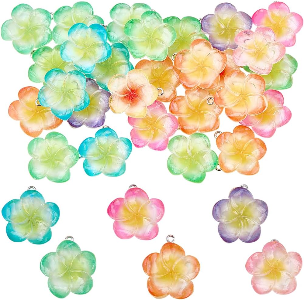 30Pcs Resin Plumeria Flower Charms Colorful Frangipani Flower Pendants Summer Hawaiian Floral Dangle Charms with Loop for Jewelry Making Earrings Necklace Bracelet Keychain DIY Crafts