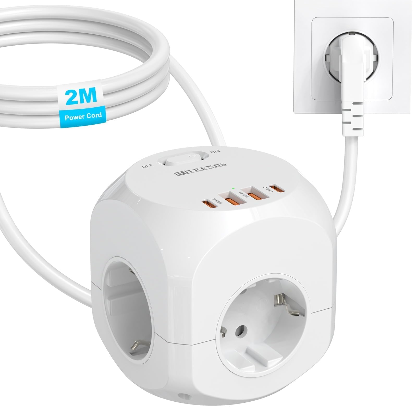 8-in-1 Steckdose Würfel, Multiple Sockets mit 4 Power Strip, 2X USB-C & 2X USB-A Ports, 2 Meter Kabel, 4-Way Power Strip Socket Cube, 250V/10A, für Homeoffice & Wohnzimmer