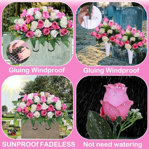 Lodou 3 Pcs Artificial Cemetery Flower Saddles, Rose Headstone Flower Saddle,Cemetery Memorial Flowers with Vase for Outdoor Grave Tombstone Decorations (Pink White) image 8