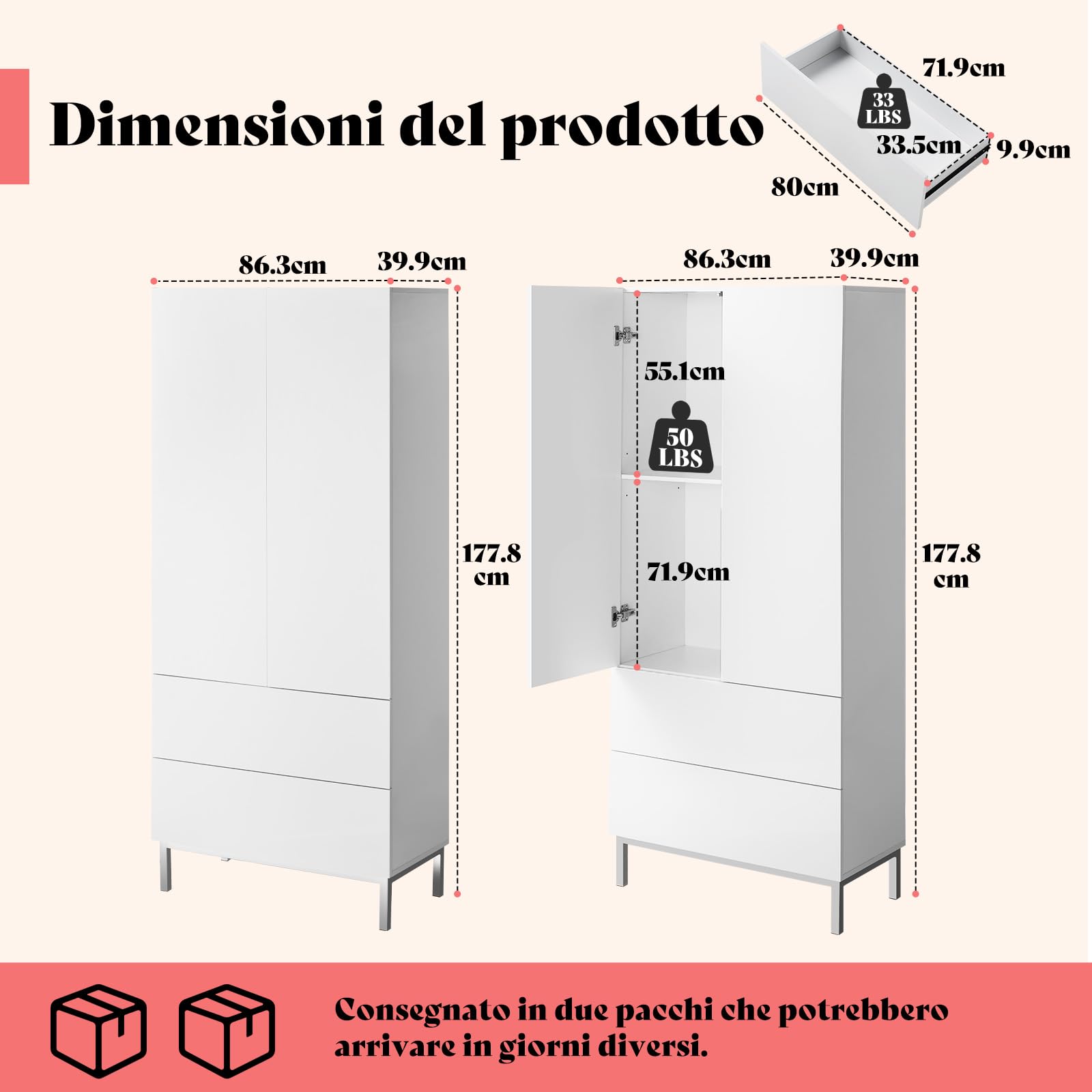 LUXOAK Modern Hochglanz Wohnzimmer Schrank, Weißer Hochschrank 170 cm mit Schubladen & Verstellbaren Einlegeböden, Aufbewahrungsschrank für Wohnzimmer