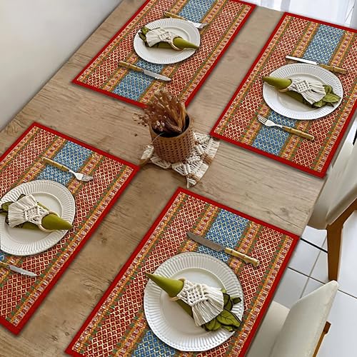 Image of Table Mats Set of 4 Handmade Reversible Heat Resistant | River Grass Dining Placemats Zero Plastic | Natural Madurkathi Eco Friendly | Rustic Boho Dcor | Cherry Red Four Mats