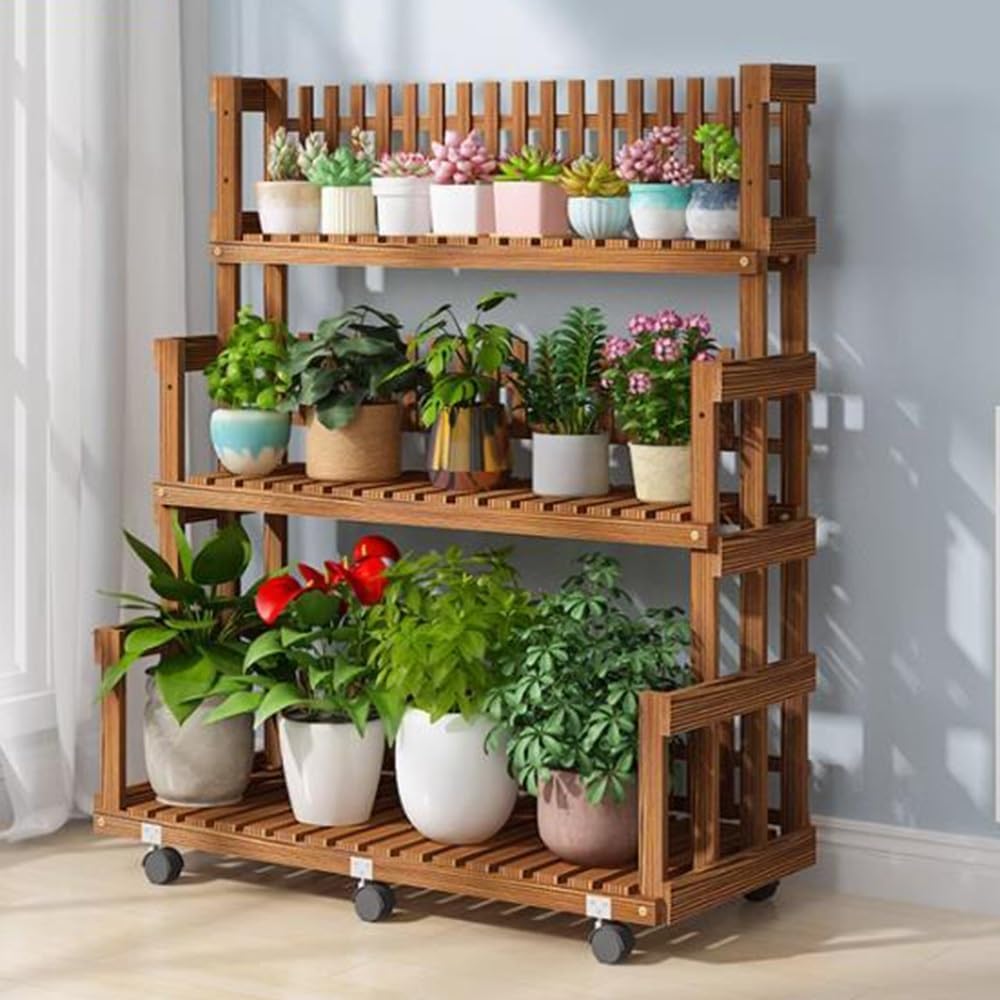 YUANCHUTOP Height-Adjustable Wooden Plant Shelf - 3-Tier Rolling Flower Pot Ladder Stand for Indoor/Outdoor Use, Mobile Garden Display Rack with 6 Wheels, 90 cm