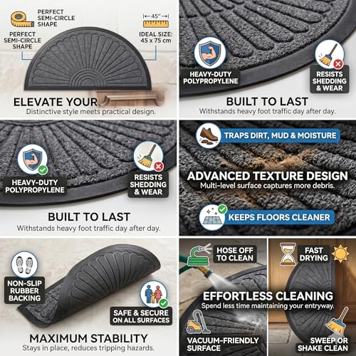 Image of Half Round Door Mat for Entryway - Non-Slip Semi Circle Welcome Mat for Front Door, Indoor Outdoor Doormat with Rubber Backing, Low Profile Dirt Trapper Rug for Porch, Garage - 45x75 cm