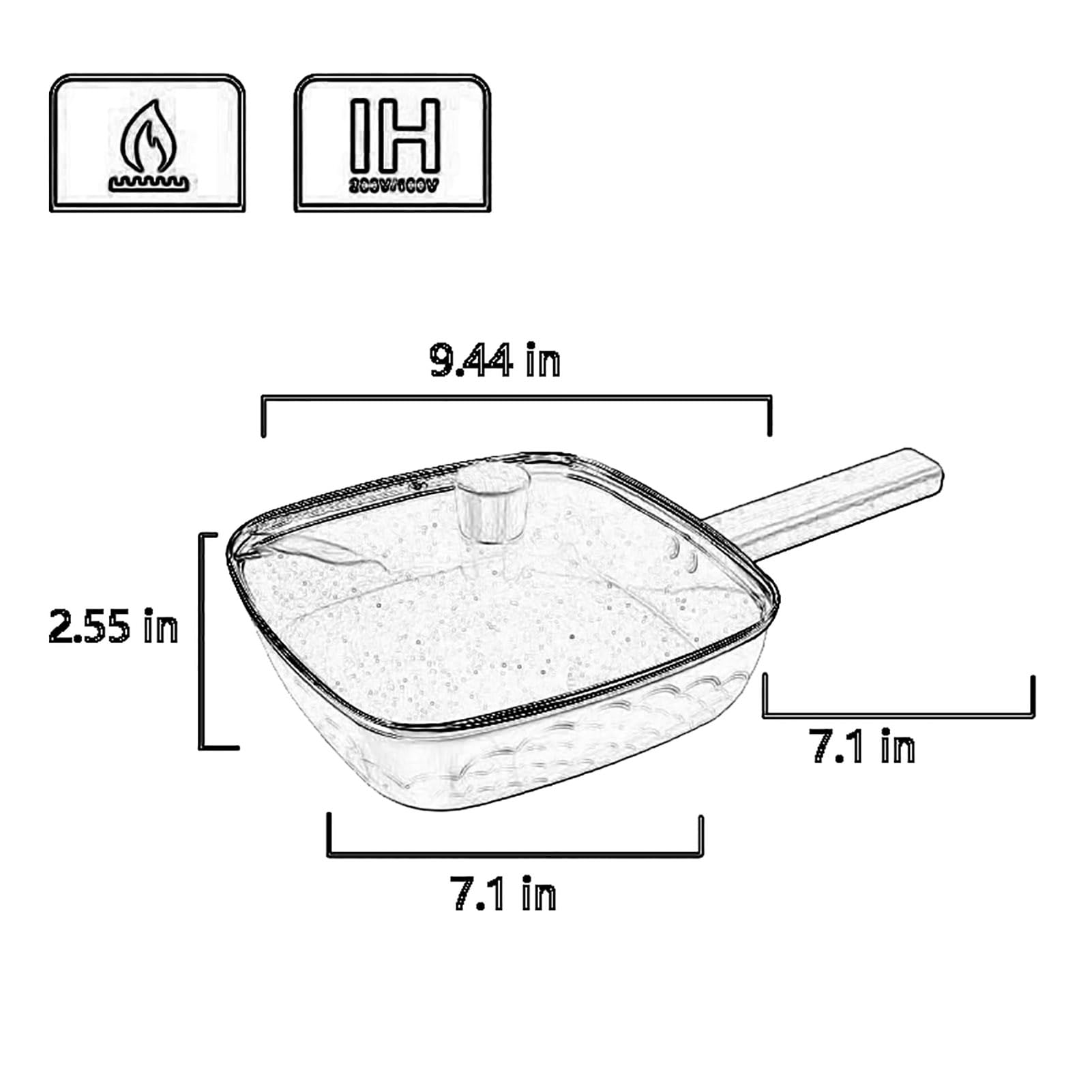 SUAREA Multi-Purpose Square Sauté Pans with Glass Lid, Non-stick Surface, Wooden Handle, 9.5 Inch Square Frying Pan for Stir-Fry, Steak, Boiling Noodles (white, Regular)