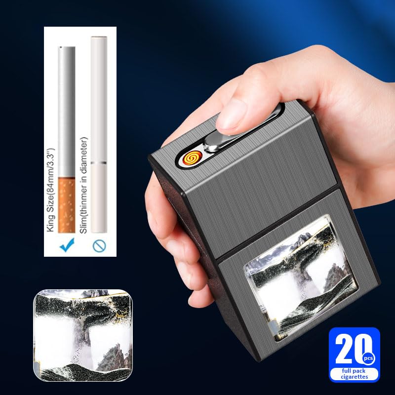 Cigarette Case with Lighter,Full Pack 20 Regular Size Quicksand Cigarettes Box Holder Built in Electric Rechargeable Lighter, Gift for Women & Men (Black-Man) image 4