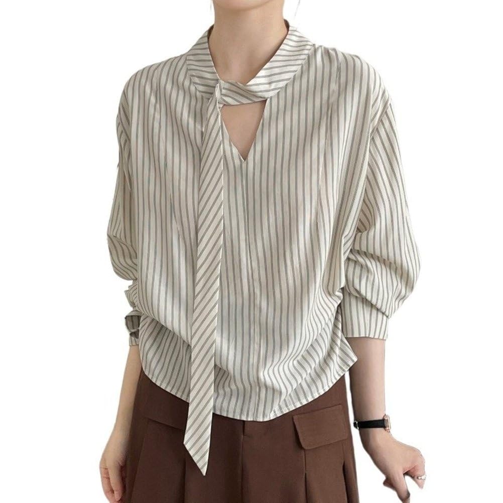 Blouses Élégantes Pour Femmes À Col Ruban Manches Longues Ajourées Fluides Rayées Pour Le Travail En Automne
