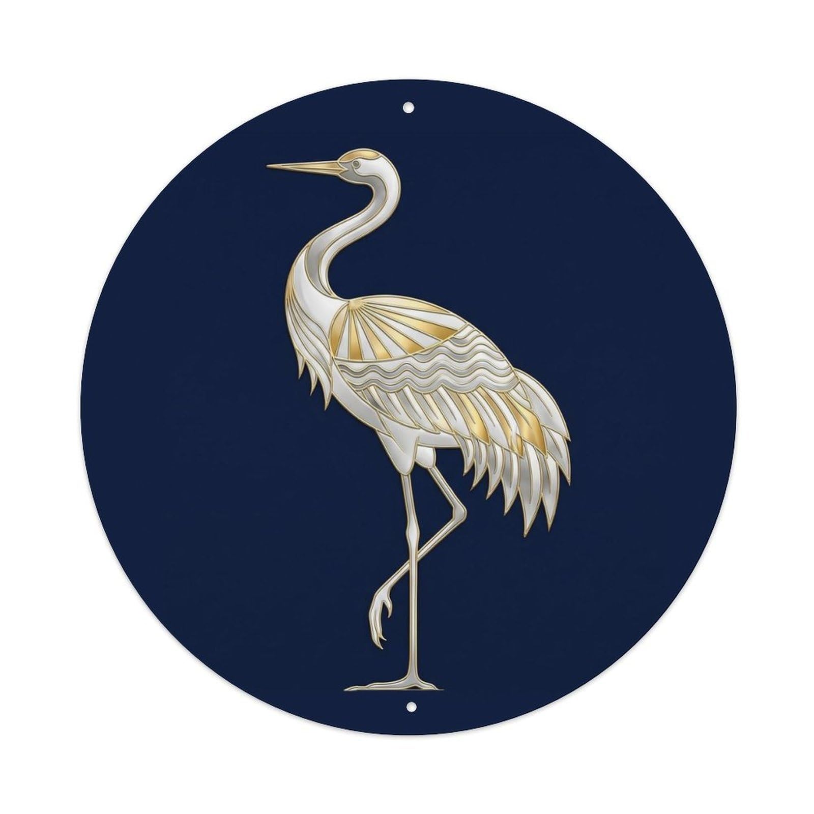 Crane Bird Deco Style Japanese Wildlife Standing Grace Metal Tin Sign Plaque Wall Decor for Cafe, Man Cave, Club Bar, Office, Home Garden Round Metal Poster 8x8Inch