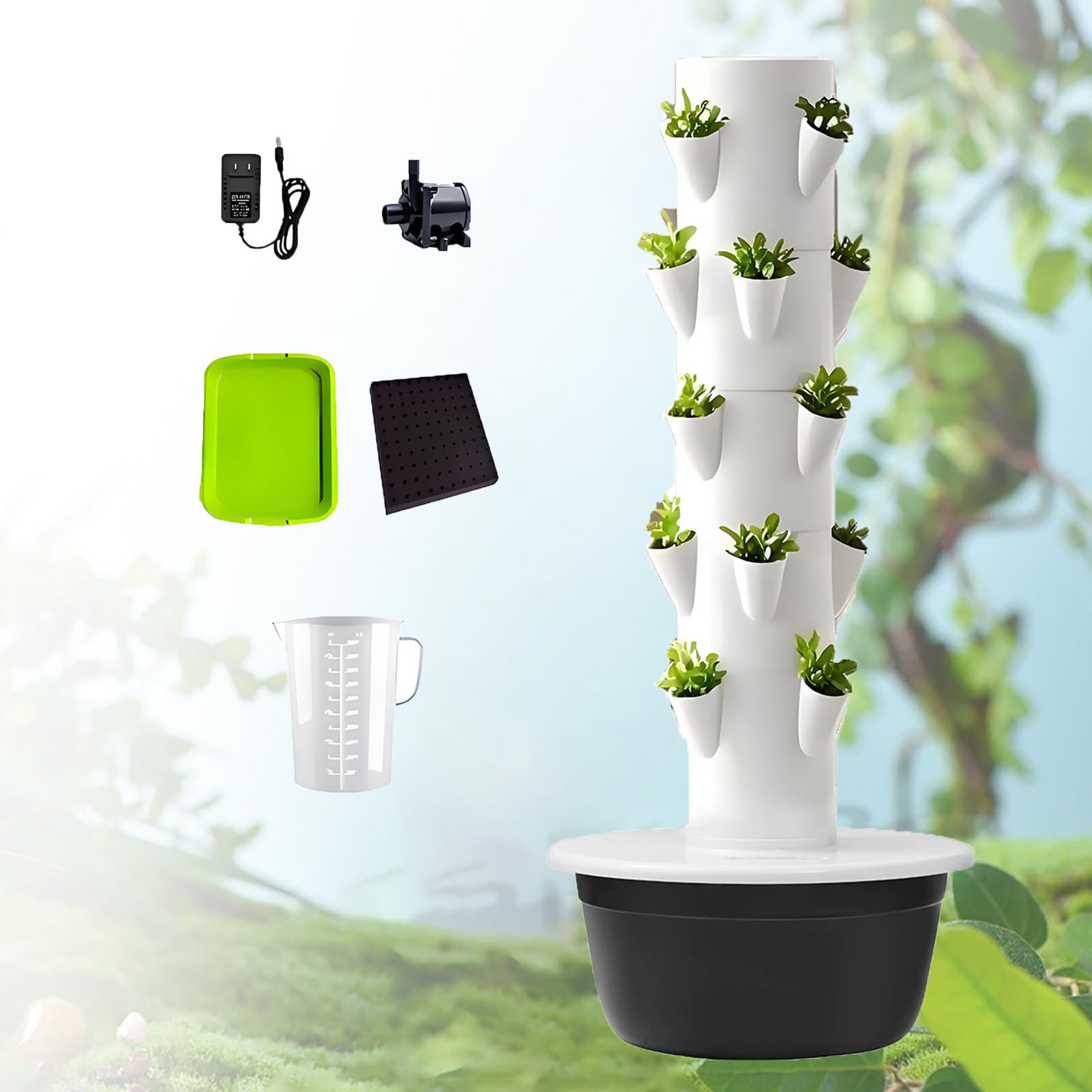 Hidroponia Kit Completo Vertical Sistemas de Cultivo Hidropónico en Torre con Bomba Hidratante y Tanque de Agua Móvil Aeroponic Tower para Hierbas de Interior Frutas Verduras Black-5Layer