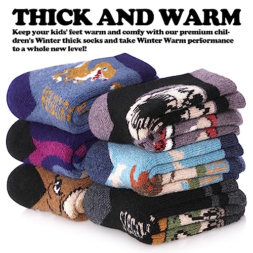 FNOVCO Kids Wool Socks Toddler Warm Thick Wool Hiking Thermal Cozy Boot Crew Socks for Boys Girls 6-Pack (8-12 Years, Dinosaur 03)3