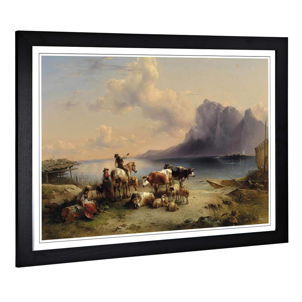 Big Box Art Framed Print of Friedrich Gauermann Animals and Landscape 2 Design | Wall Art Picture | Home Decor for Kitchen, Living Room, Bedroom, Hallway, Black, A2 / 24.5x18 Inch / 62x45cm