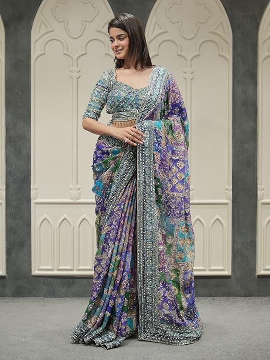 Image of Women's Chinon Silk Saree with Printed Design, Mirror Work & Zari Woven Detailing | Ethnic Wear Saree with Unstitched Blouse Piece | Traditional Festive & WeddingWear