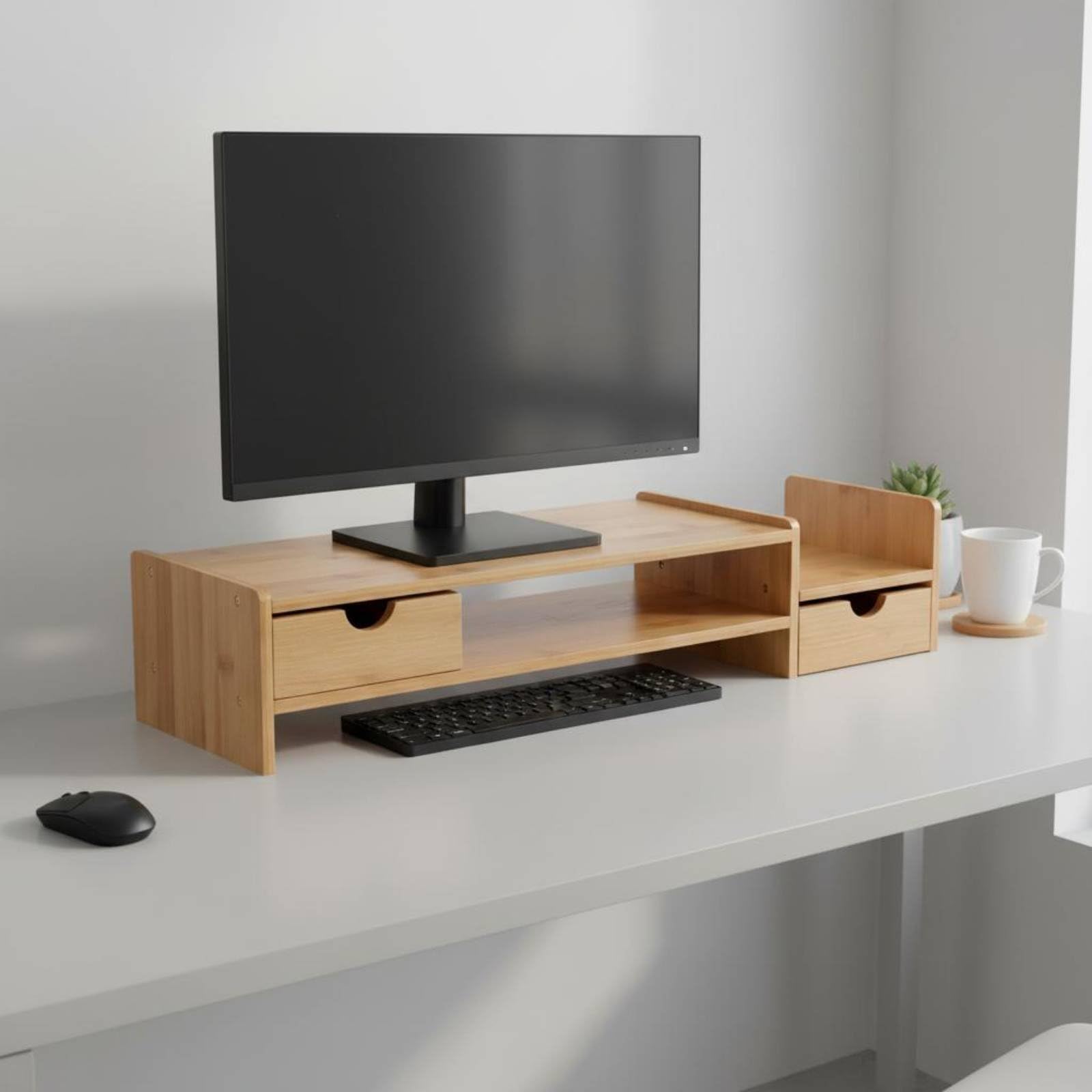 Supporto Rialzo Schermo Mensola Scrivania Organizer con Cassetti in bambù Design Ergonomico per Migliorare Postura E Ottimizzare Spazio Adatto a Ufficio, Cassetto Triplo