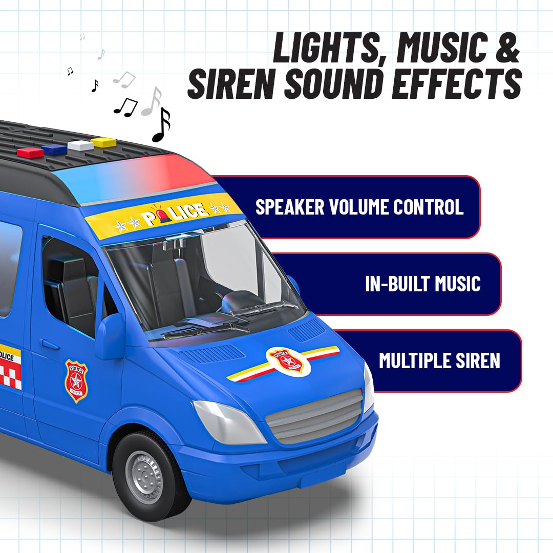 Mirana India Police - Big Toy Van for Kids - Multiple Emergency Sirens - 4 Preloaded Baby Rhymes - Friction Powered Wheels - Detailed Cab Area - Best Cop Car for Boys & Girls (Police Van) 1
