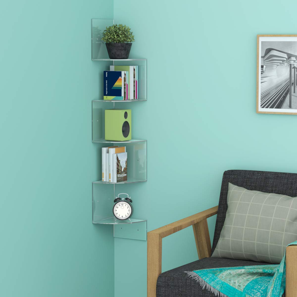 HIIMIEI Corner Shelf, Acrylic 5 Tier Corner Floating Shelf Wall Mount for Bedroom Bathroom