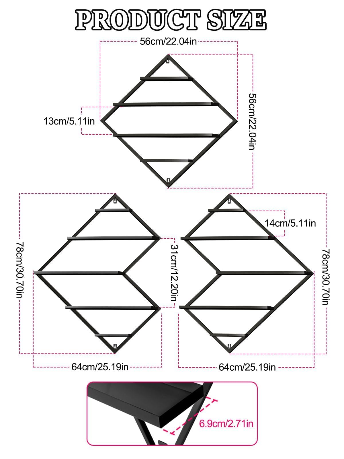 TOROKOM Étagère murale en métal pour vernis à ongles, cosmétiques, rouge à lèvres, parfum, huiles essentielles pour maison, spa, salon de manucure, magasin (losange irrégulier noir)