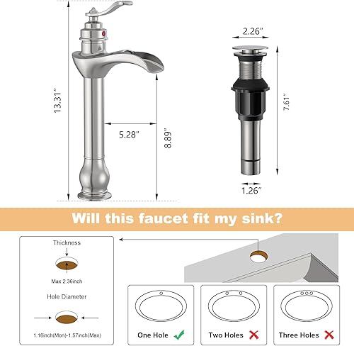 Miniatura 7 de BWE Grifo para fregadero de buque, cascada, níquel cepillado con montaje de drenaje desplegable y manguera de suministro de un solo mango, grifo de