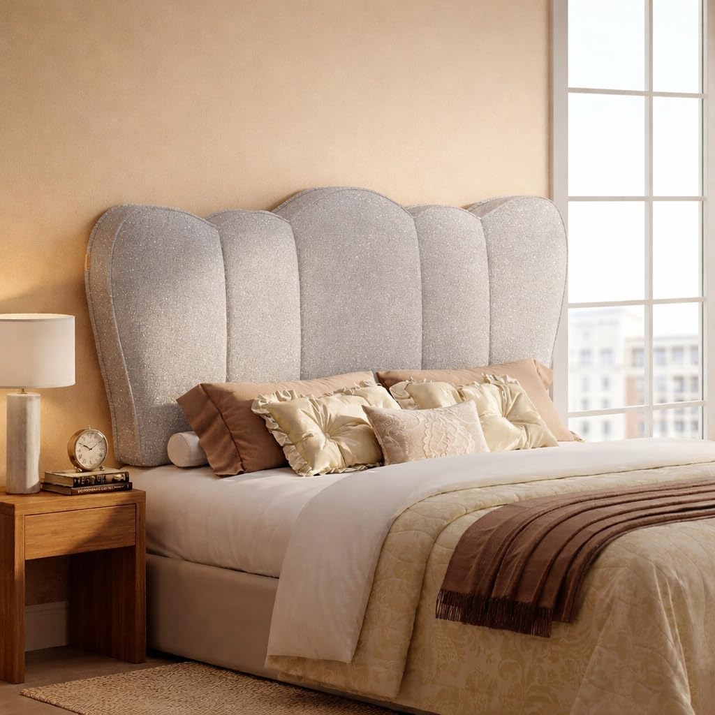 Pinmoco Full Size Upholstered Headboard Beige Scalloped Modern Padded Bed Backboard, Wall Mounted Decorative Headboard for Full Bed Frame Bedroom