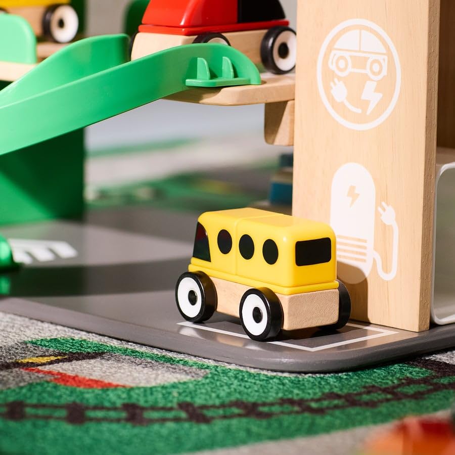 Image of LILLABO Garage Playset with Car and Helicopter, Multicolour Wooden Toy Set for Kids, Includes Parking Garage, Vehicles & Helipad, Encourages Imaginative Play and Motor Skills