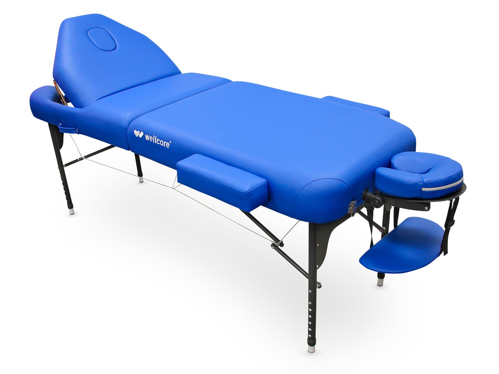 QUIRUMED Camilla Plegable de Aluminio WELLCORE, 185 x 65 cm, Respaldo Abatible, Tapizado 14 cm, Altura Regulable, con Cabezal y Bolsa de Transporte, Color Azul