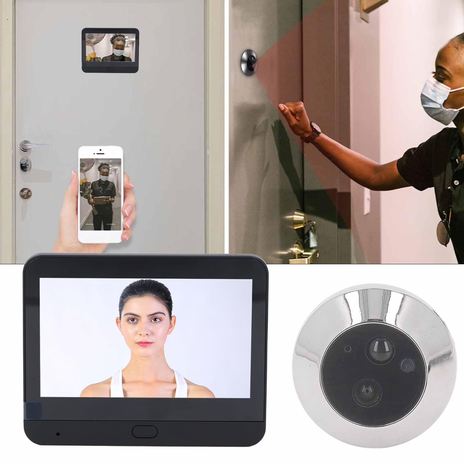 Fockety Visor de Puerta Digital, Cámara de Mirilla de Puerta Inteligente WiFi 1080P HD, con Pantalla LCD de 4,3 Pulgadas, Visión Nocturna, Detección de Movimiento, Gran Angular de 120°