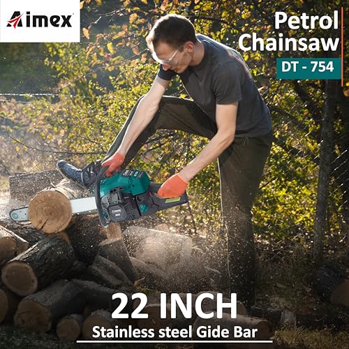 Image of Aimex DT-754 Pro 68CC Powerful 2 Stroke Handed Petrol Chain Saw, Wood cutting Saw for Farm, Garden and Ranch with 2 Chain Stainless Steel Guide Bar Tool Kit (22 Inch)