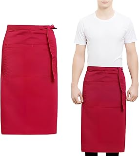 Kittelschürze Damen Herren, 70x73cm, Halbe Kochschürze, Langen Bändern und Taschen, Wasserdicht, Schürze für Küche Kellner Restaurant Bistro Cafe