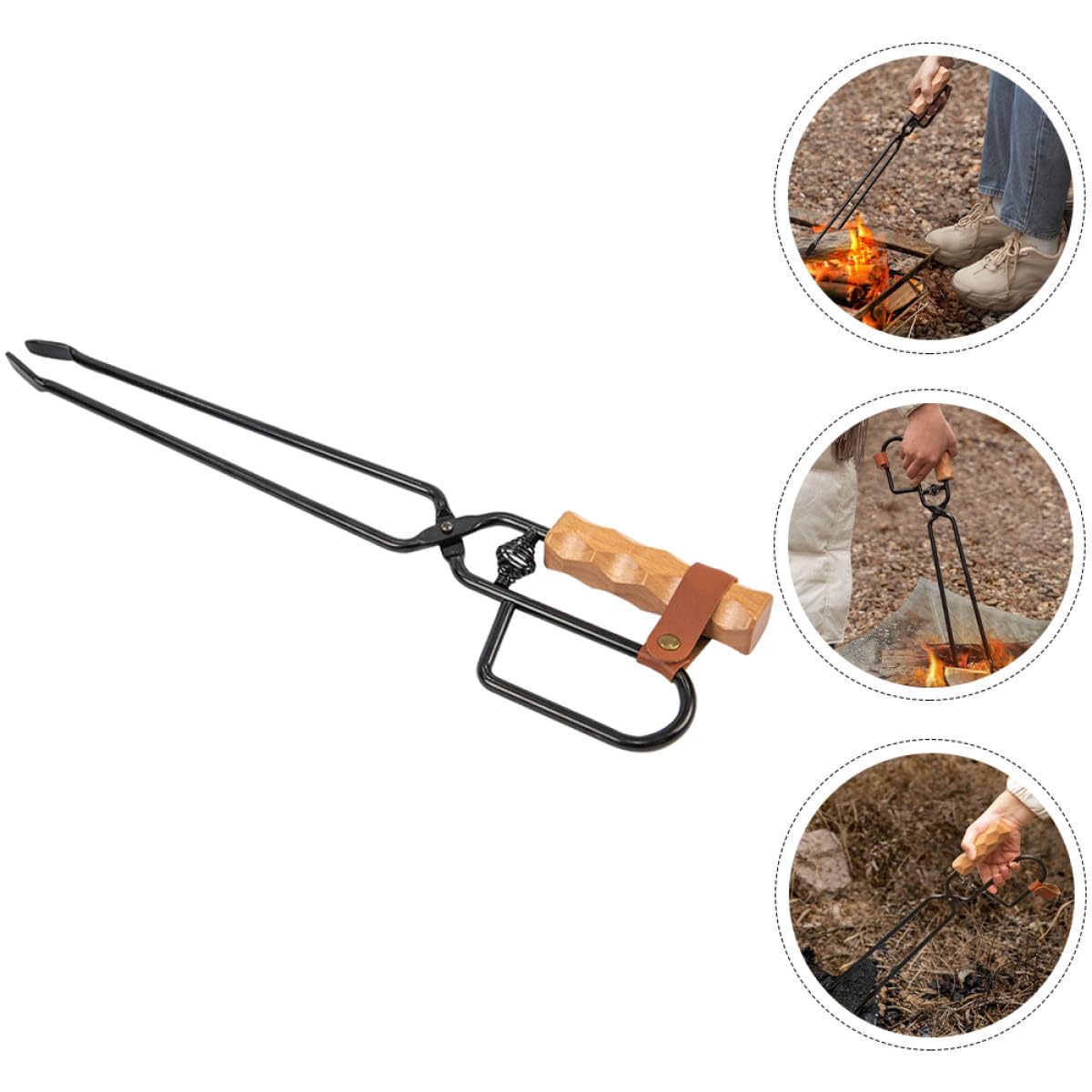 Pinzas de carbón para exteriores para barbacoa y fogata, acero resistente al calor con mango de madera antiquemaduras, accesorio portátil para acampar y asar
