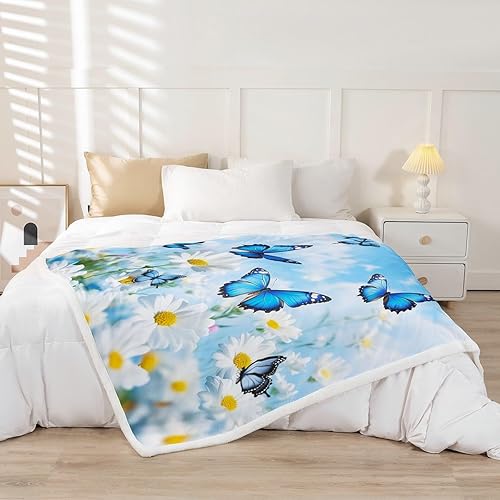 Miniatura 2 de Butterfly Flannel Blankets,White Daisy Flowers Rustic Garden Fleece Blanket for Room Decor,Romantic Blue Sky Spring Blooming Floral Throw Blanket
