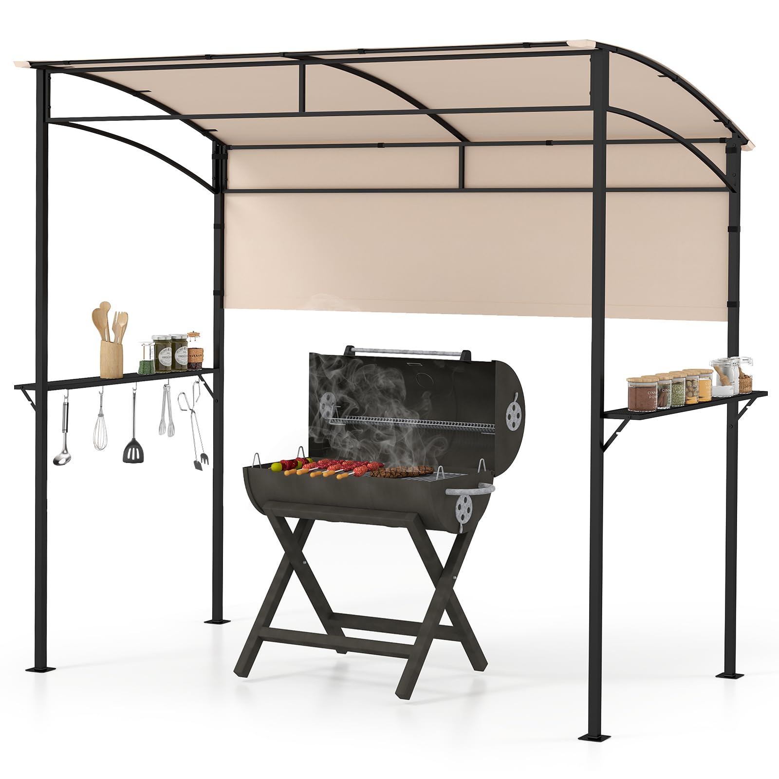 TANGZON BBQ Shelter, Outdoor Grill Gazebo Canopy with Side Shelf & 5 Hooks, Flame-Resistant Metal Frame Barbecue Awning Shelter Tent for Garden Patio Party (Beige, 239 x 108cm, with Extra Shadow)