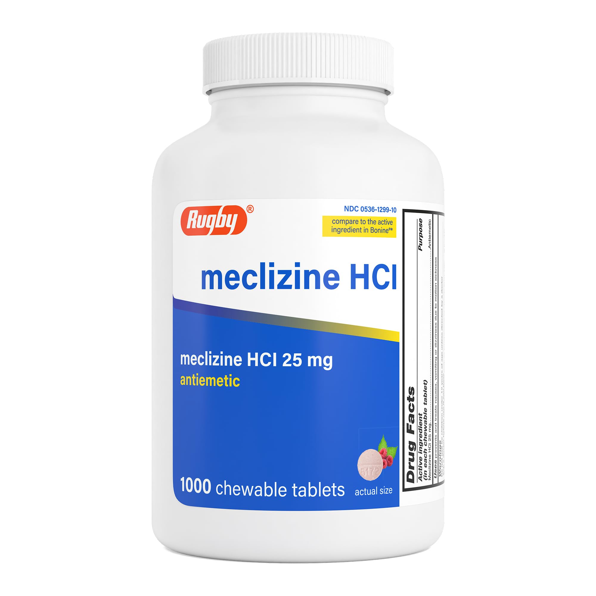 RUGBY LABORATORIES Meclizine Chewable Tablets 25mg - Anti-Nausea Medicine Helps with Motion Sickness - 1,000 Tablets