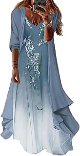 Women's Flowy Two-Piece Set Boho Flotal Wedding Guest Maxi Dress Formal Cocktail Vacation Dress with Chiffon Jacket - Buy now